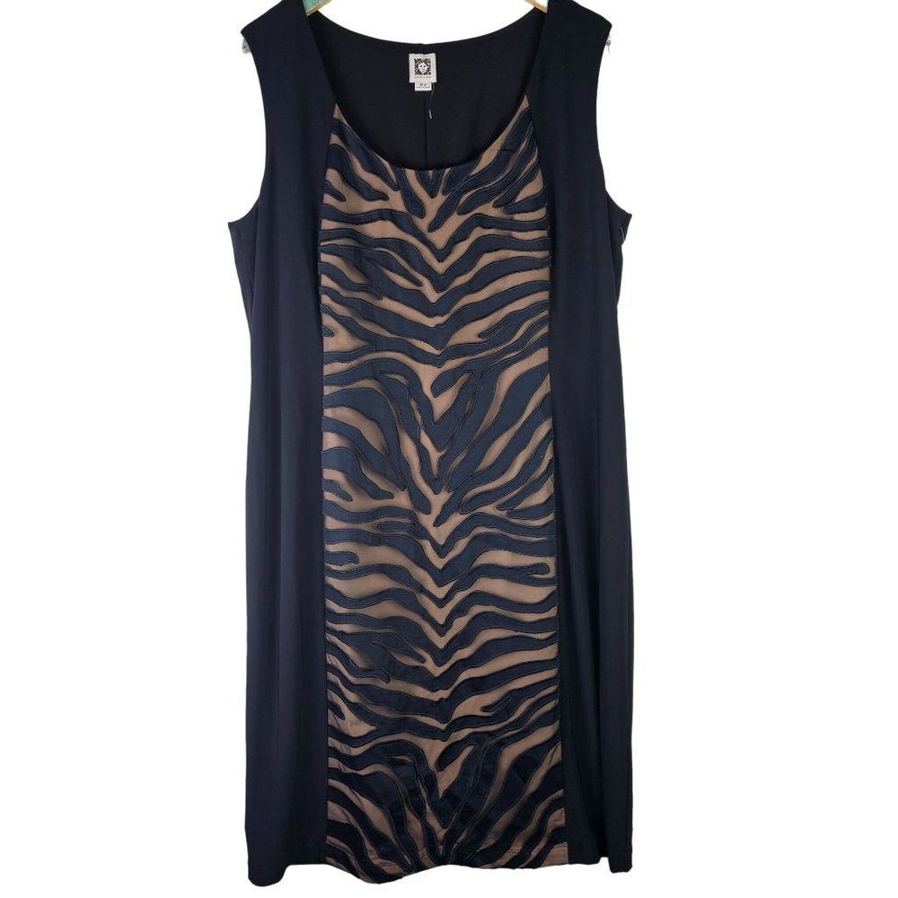 Anne Klein Women's Animal Mesh Print Black/Nude Knee Length Shift Dress, 16W NWT